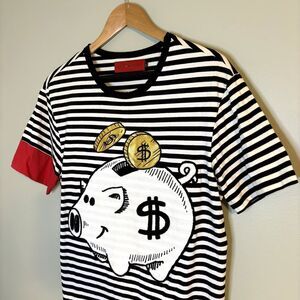 Vie + Riche Men's Piggy Bank Embroidered Striped Shirt Graphic Streetwear Urban